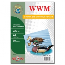 Фотопапір WWM A4, глянцевий двохсторонній, 220 г/м2, 50 арк.