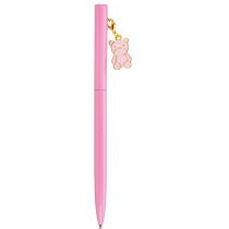 Ручка металева рожева з брелоком "Рожевий ведмедик", пише синім