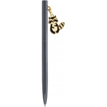 Ручка металева сіра з брелоком "Чорний єнот", пише синім