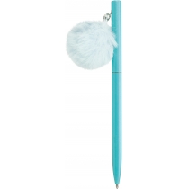 Ручка металева блакитна з брелоком-помпоном, пише синім