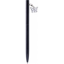 Ручка металева чорна із сяючим брелоком "Метелик", вкритим кристалами, пише синім