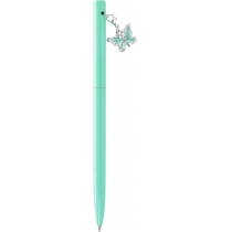Ручка металева зелена із сяючим брелоком "Метелик", вкритим кристалами, пише синім