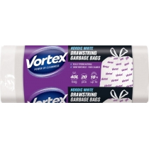 Пакети для сміття ТМ VORTEX  з затяжками 55х57 білий HD 40л/20 шт